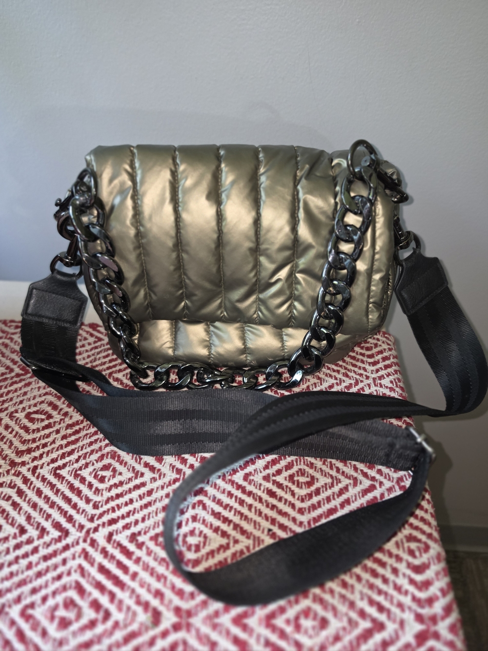 THINK ROYLN- Bar Quilted Metallic Olive-Green Crossbody with Black Chain